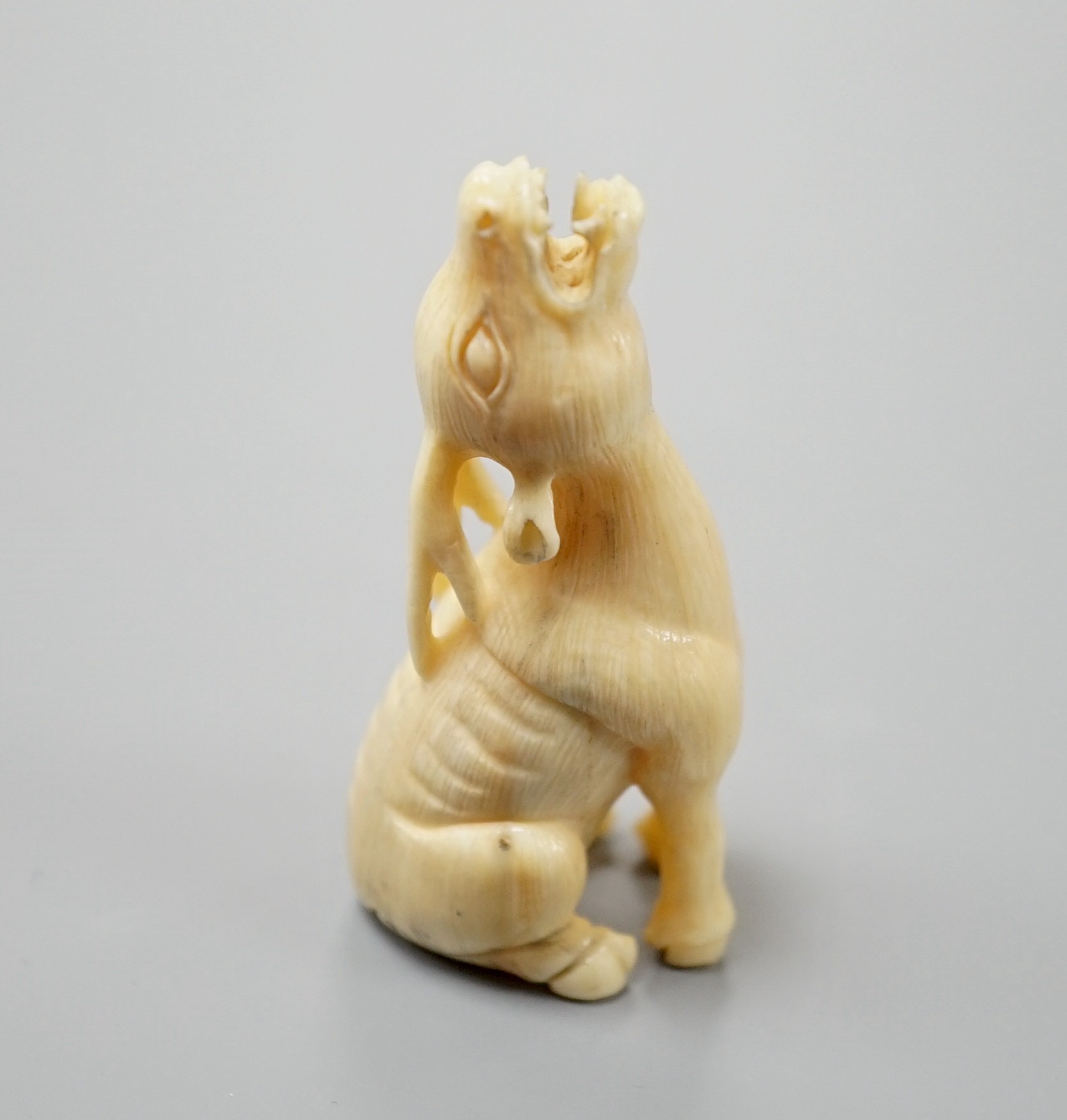A Japanese ivory netsuke of a seated bellowing deer, 19th century, bears signature, 5.8cm